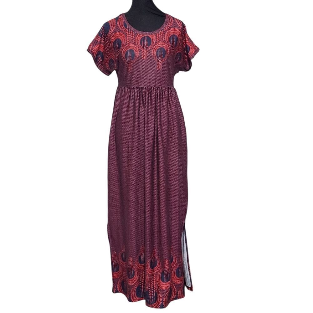 Suzanne Betro Maxi Dress Size Small Red Blue Short Sleeve Knit Casual Stretch